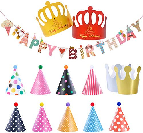 Partyhüte, 9 Kegel Hüte mit Pom Poms, 2 Kleine Kronen, Süßes Eismuster alles Gute zum Geburtstag Banner Kit, 2 Besondere große Kronen, Geeignet für Familienfeiern für Kinder und Erwachsene, 13+1PCS