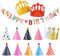 Partyhüte, 9 Kegel Hüte mit Pom Poms, 2 Kleine Kronen, Süßes Eismuster alles Gute zum Geburtstag Banner Kit, 2 Besondere große Kronen, Geeignet für Familienfeiern für Kinder und Erwachsene, 13+1PCS