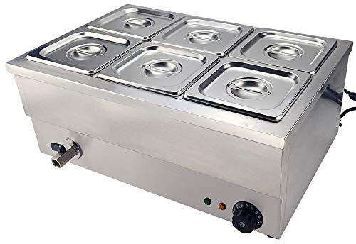 Electric Food Warmer Stainless Steel Bain Marie Buffet Warmer 1500W, Temperature Range 30-110 °C, GN 1/6 Containers with Covers