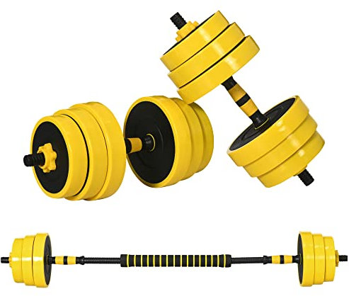 HOMCOM 25KG Dumbbell & Barbell Adjustable Set Plate Bar Clamp Rod Home Gym Sports Area Exercise Ergonomic Yellow