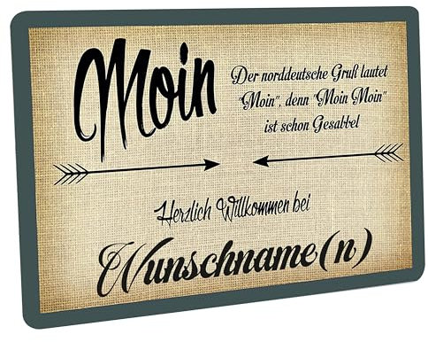 Crealuxe Fussmatte mit Wunschtext/Wunschname Der norddeutsche Gruß lautet Moin, denn Moin Moin ist Schon gesabbelt. - Herzlich Willkommen bei ... - 60x40 cm - Gummi Rückseite/rutschfest