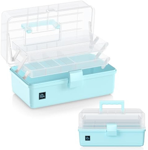 ARJudy 33cm 3-Regal Mehrzweck-Aufbewahrungsbox Plastikhandwerk Organizer Faltbare Werkzeugkiste mit Griffen für ortierbox, Bastelbox, Nähkasten, Medizinkoffer, Toolbox (Blau)