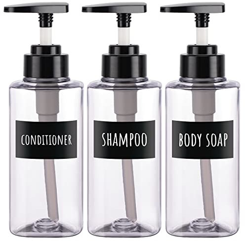 Segbeauty Seifenspender, 3 Stück 300 ml Shampoo Flaschen, Pumpspender Kunststoff Nachfüllbare, Duschgel Spender mit Etiketten, Seifenspender Set für Küche und Badezimmer, Transparent