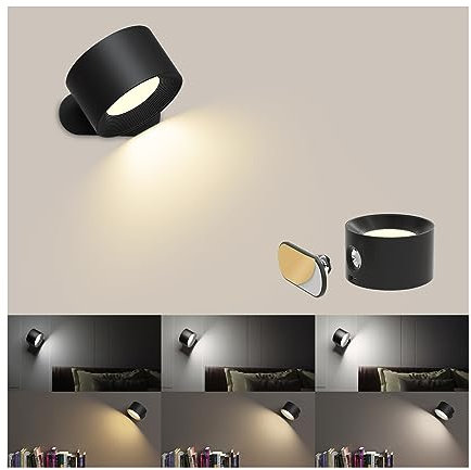 LED Lampada da Parete Interno, Coollamp Moderno Applique con Luce calda/naturale/bianca, 3 tipi di luminosità, Batteria ricaricabile, Rotazione a 360°, a muro per soggiorno,corridoio