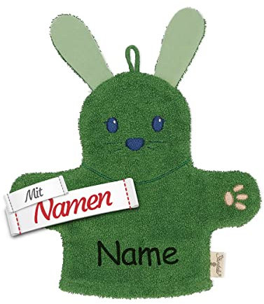Sterntaler Kinder Waschhandschuh mit Namen bestickt, GOTS zertifiziert Baby Kleinkind Waschlappen personalisiert/Waschtuch zum baden, Geschenk zur Geburt Taufe Ostern Nikolaus (Motiv Hase Kinni)