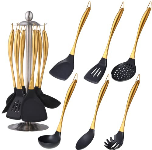 QOBIMOON Silicone Cooking Utensil Set, 6 pcs Silicone Cooking Kitchen Utensils Set, Non-stick Kitchen Cookware Titanium Stainless Steel Handle with Utensil Holder, Spatula Set for Cooking -Gold