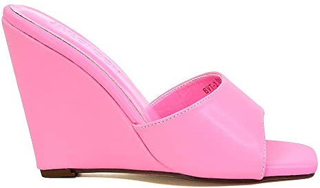 Womens Wedge Heel Sandals Ladies Slip On Square Toe Mule Shoes Size 3-8 Pink