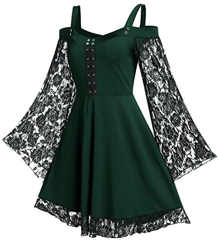 FEOYA Women's Gothic Lace Dress Plus Size Retro Victorian Medieval Casual Cold Shoulder Midi Elegant Vintage Cosplay Halloween Dress Green XL