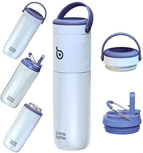 BOTTLE BOTTLE Botella de agua aislada para deportes con popote, 2 tapas, botellas de agua 3 en 1 de 18 onzas para enfriadores de latas delgados y vaso para niños, botellas de metal de acero inoxidable