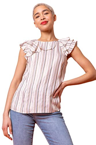 Dusk Fashion Women Stripe Print Frill Detail Top - Ladies Spring Everyday Summer Holiday Round Neckline Comfy Cap Sleeve Soft All-Over Print Shirt Vacation Blouses - White - Size 8