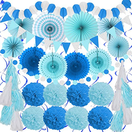 ZERODECO Party Decorations, 41 Pcs Blue Papar Fans Pompoms Garlands String Tissue Paper Tassel for Fiesta Home Bridal Baby Shower Wedding Boy Girl Birthday Party