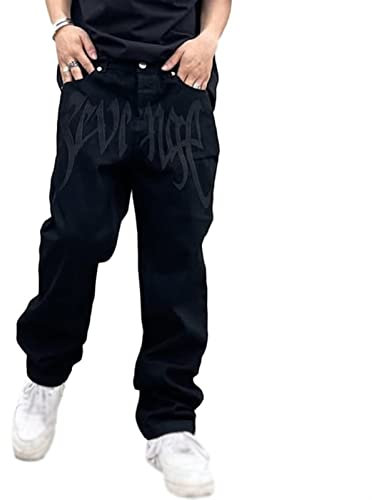 Baggy Jeans Bedruckt Herren Hip Hop Jeanshose Teenager Bein Skateboard Hose Streetwear (Farbe: Schwarz, Größe: L)
