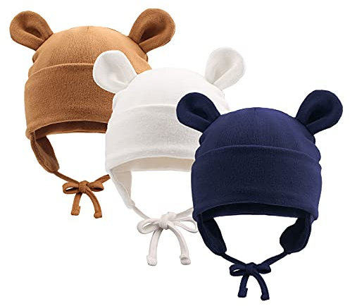 Pesaat Baumwolle Erstlingsmützen 0-12Monate Baby Mütze Neugeborene Mädchen Jungen Baby Beanie Newborn Mütze Mit Ohren und Band,Sommer,Frühling,Winter (Marine+Braun+Weiß, 6-12Monate)