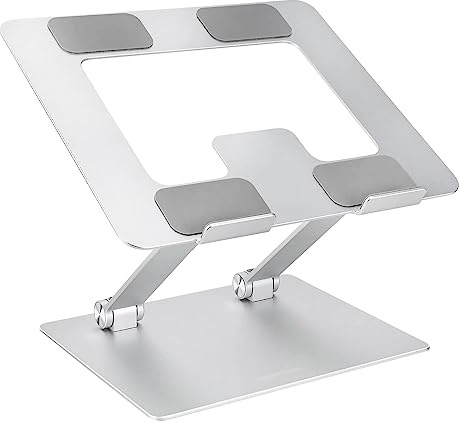 Amazon Basics Sturdy and Portable Ergonomic Laptop Stand for Desk, Height Adjustable Riser with Ventilated Cooling, Foldable, Fits all Laptops up to 15.6 Inch, Silver