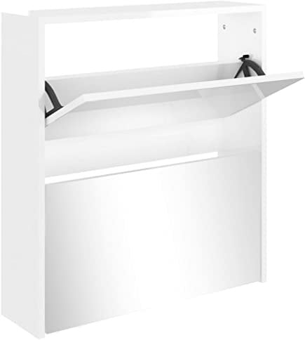 vidaXL Schuhschrank mit Spiegel 2 Fächer Schuhablage Schuhregal Schuhständer Schuhaufbewahrung Schuhkipper Schuhkommode Hochglanz-Weiß 63x17x67cm