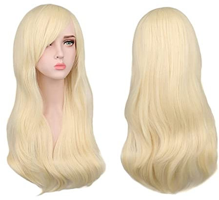 Aomig Lange lockige Haar Perücken für Frauen, Natürlich Synthetische Perücke mit Pony für Damen, Wavy Hitzebeständige Perücken mit Brille Haarnetz für Alltag/Party/Cosplay(Hell Gold)