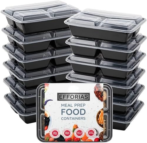 Efforias [10 Pack] 3 Compartment Plastic Meal Prep Containers - Reusable BPA Free Food Containers with Airtight Lids - Microwavable, Freezer and Dishwasher Safe