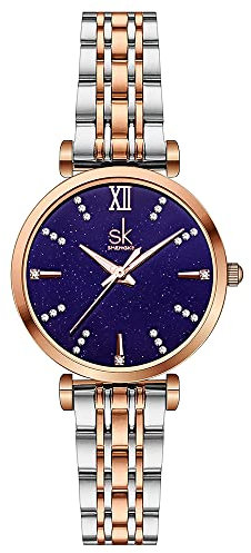 SK Klassische Frauen Uhren Mode Damen Kleid Uhr Solide Edelstahl Band Echtes Lederband (Blue-Starry)