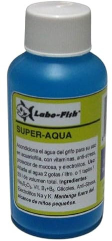 Super-Aqua 50 ml para 500 litros de Agua de Labo-Fish. Acondiciona el Agua del Grifo para su Uso en acuarios. Beneficia a Peces y Plantas por su Contenido en potasio.