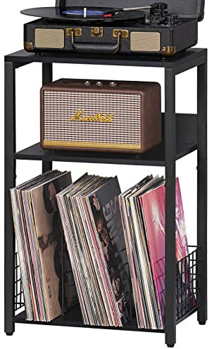 LELELINKY Black End Table, Small Side Table with Metal Frame,Modern Record Player Stand with Storage Shelf, Wood 3 Tier Sofa Bedside Tables, Narrow Nightstand for Living Room Bedroom Office