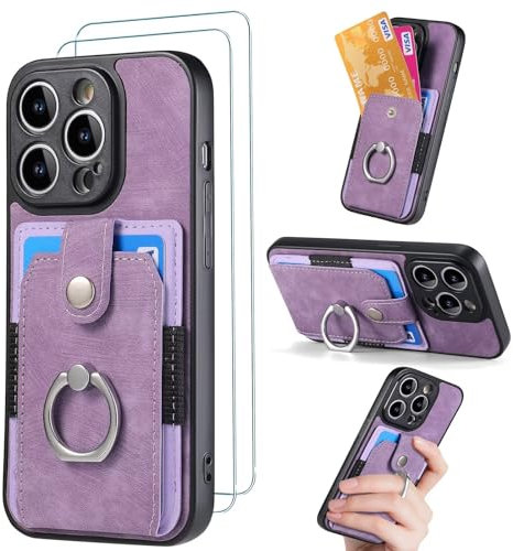 FMPCUON for iPhone 6/6s Case with Card Holder and[ Screen Protector Tempered Glass X2],Slim Soft TPU Ring Holder Shockproof Anti-Scratch Phone Case Cover - Purple
