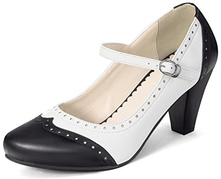 elerhythm Damen Two Tone Mary Jane Classic und Retro 1920er Jahre Pump Heels Gatsby Oxford Muster 1950er Vintage Runde geschlossene Zehe Knöchelriemen Kleid Schuhe (Schwarz/Weiß EU39)