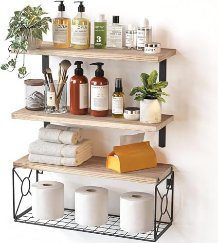 Pipishell Estantes flotantes con Cesta de Alambre de estroraje, estantes de baño de Madera de Paulownia para organización del hogar y decoración de Pared, estantes de baño/Cocina/Sala de