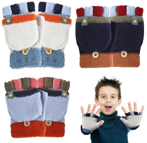 PEUTIER 3 Paar Fingerlose Handschuhe für Kinder, Umwandelbar Babyhandschuhe Winter Handschuhe für Kleinkinder mit Klappdeckel Gestrickt für Kinder Jungen Mädchen 2-8 Jahre(navy,blau,grau,blau)