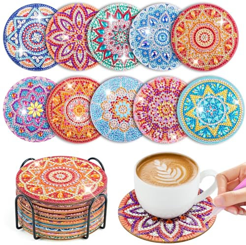 WuGU 10 Pièces Peinture Diamant Dessous de Verre, 10 cm Dessous de Verre en Liège Rond, Mandala sous-Verres Art de Diamant avec Support, Tapis de Tasse Mandala en Bois pour Tasses, Vases, Cadeau