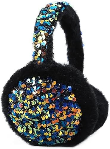 STETHI Ohrenschützer Damen Winter Ohrenwärmer Bling Glitzer Plüsch, Ohrenschützer Frauen Ohrenwärmer Flauschige Faltbare Ohrenschützer Winter Plüsch Ohrwärmer, für Frauen Mädchen (Schwarz)