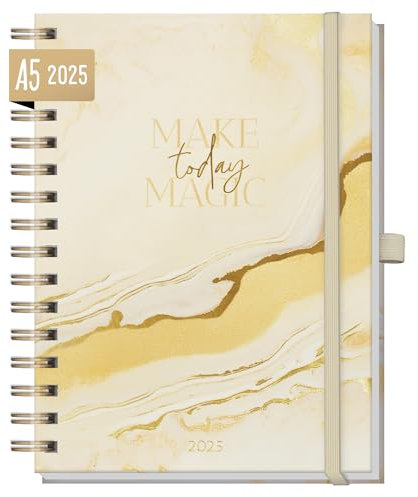 Häfft® International calendar 2025 A5 Deluxe Golden Marble with spiral binding in languages: EN/FR/IT/ES - personal organizer, timer, life planner - sustainable & climate friendly