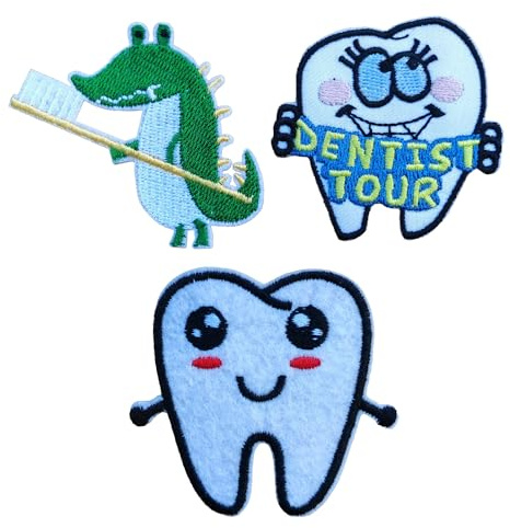 KLORIZ Set mit 3 Stück Cartoon Protect Tooth Embroidered Iron On Patch Zahnarzt Tour Kleidung Zubehör DIY
