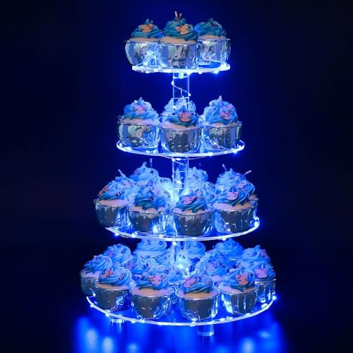 Ulifeme 4 Tier Cupcake Stand Acrylic Round Tower Display + Blue LED String Light, Cake Holder Dessert Tree Tower for Birthday, Wedding, Graduation, Anniversary & Party Decoration, Dia 15/20/25/30cm