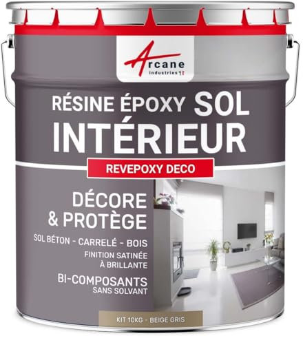 ARCANE INDUSTRIES Peinture sol, résine epoxy, peinture pour sol, salon, cuisine, salle de bains, effet miroir : Revepoxy deco - 10 kg (jusqu'à 50 m² en 2 couches) Beige Gris - RAL 1019