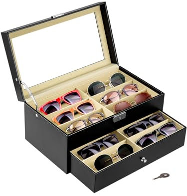 ColdShine Brillenbox für 12 Fächer Brillen Brillenkoffer Sonnenbrillen Aufbewahrung mit Sichtfenster Glasbox aus Kunstleder zur Aufbewahrung von Sonnenbrillen, Glas