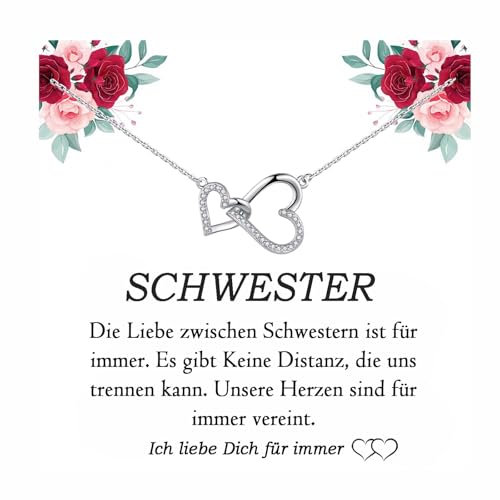 FAOMZQ Schwester Geschenk, Beste Schwester Sterling Silber Verbundener Herz Halskette, Geschenke für Schwester zum Geburtstag, Weihnachten, Einschulung, Abschluss, Geschenkideen für Große Schwester