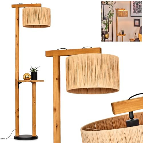 HOFSTEIN Stehleuchte Granja, Stehlampe aus Holz/Metall/Bast in Natur/Schwarz, Leuchte im skandinavischen Design, Ø 50 cm, Ablagefläche u. Fußschalter, Höhe 171,5 cm, 1 x E27, ohne Leuchtmittel