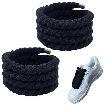 Lot de 2 Gros Lacets Chaussures,Rope Laces Noir,Polyvalent Et Durable,8 Mm 150 Cm Gros Lacets En,Rond Tendance,Pratiques Corde En Coton,Convient Aux Chaussure De Sport Tellles Que L'Air Force 1 (Noir)