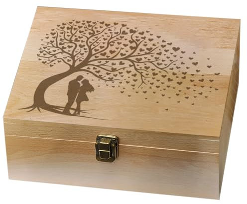 Arricraft Wooden Memory Keepsake Box, Love Theme Couple Tree Box with Lid Lock Storage for Photo Letter Wedding Valentine, 7.6x9.6x4inch(19.5x24.5x10.3cm)