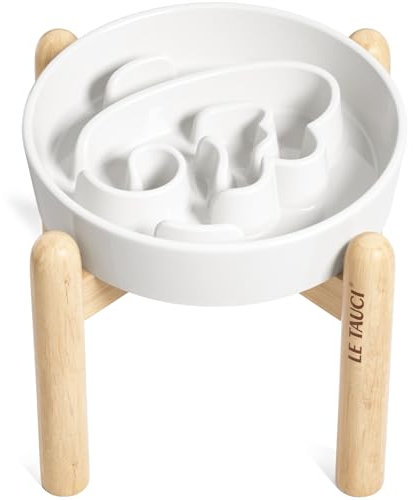 LE TAUCI Ceramic Slow Feeder Dog Bowls Elevated, 1.5 Cups Raised Dog Bowl with Wooden Stand for Small Medium Breed to Slow Down Eating, Puzzle Food Bowl, Angel White