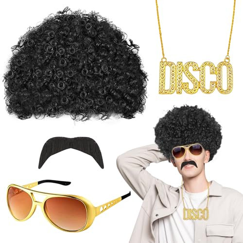 Set Herren Perücke, Afro Perücke Set, Hippie Perücke Herren, 70er 80er Jahre Disco Hippie Kostüm Set mit Perücke Brille Halskette für Cosplay, Disco, Karneval, Thema Party