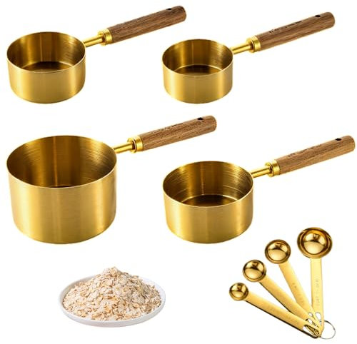 Vyanveo 4 Piezas Measuring Cups Cucharas Medidoras de Acero Inoxidable 60+80+125+250 ml Taza Medidora con Mango de Madera, para Medir Líquidos Sólidos, Cocina para Hornear