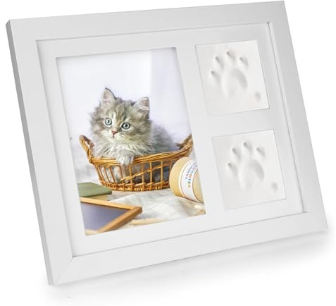 Mailfull Pfotenabdruck Set Hund und Katz Weiß mit Holz Bilderrahmen 3D Gipsabdruck Baby Handabdruck und Fußabdruck Set Geeignet für Haustiere Neugeborene und Geschenk