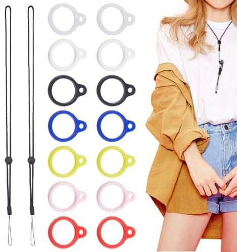 DICOSMETIC Nicht Verlorenes Lanyard Set Inklusive 14 Stück 7 Farben Silikon Gummiring Halter Und 2 Stück Verstellbare Lanyards Nackenband Tragekit Stift Für Gerät Büro Oder Täglichen