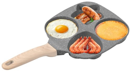 4 Hole Non Stick Egg Frying Pan Heart Shaped Egg Frying Pan Multifunctional Breakfast Skillet with Detachable Wood Handle for Cooking Eggs Burger Bacon All Stoves Compatible(Black)