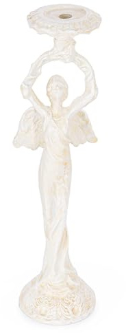Sungmor Kerzenständer aus Gusseisen, Vintage-Stil, Engel-Design, 57 cm hoch, robust, antikweiß, Kerzenständer für Stab- oder Stumpenkerzen, dekorative Skulptur für Zuhause, Altar, Gothic-Dekor | Antiker gotischer Kerzenständer für Heimdekoration, Spitz- und Stumpenkerzen, rustikales dekoratives Herzstück