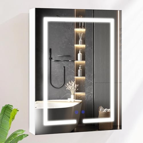 AxisFurn Badezimmer-Spiegelschrank mit LED-Beleuchtung, 3 verstellbares Licht, Spiegelschrank groß mit Ablage und Steckdose, Anti-Beschlag Wandschrank platzsparend, 60 * 80cm, Weiß
