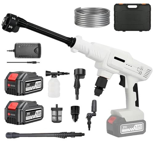 Lambluefly Idropulitrice a Batteria 4.0Ah x2, Max 100 Bar Idropulitrice Professionale con Motore ad Alta Potenza, Idropulitrice Portatile con Ugelli Multifunzione 6-IN-1 per Lavaggio Auto, Irrigazione
