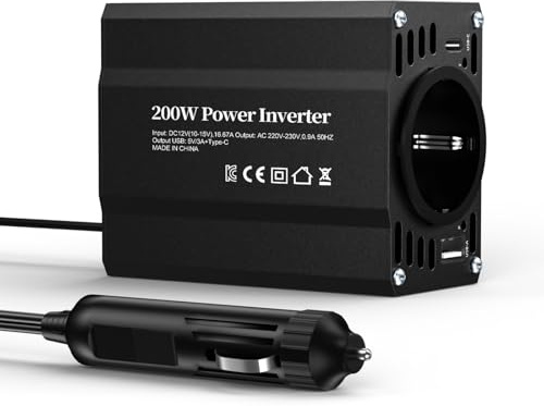 TAGEEBLU 200w convertisseur 12v 220v, transformateur 12v 220v onduleur avec 1 Prise, Type C 30W, Charge Rapide USB 25W