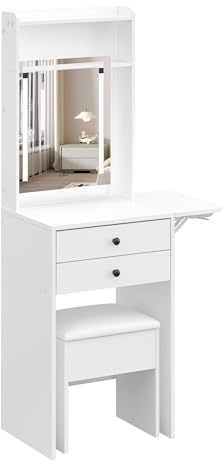 Dressing Table with Mirror and LED Lights, Makeup Table with 2 Drawers & shelves, Compact Small Vanity Desk Set with Fold-up Panel, Cushioned Storage Stool for Bedroom (White)